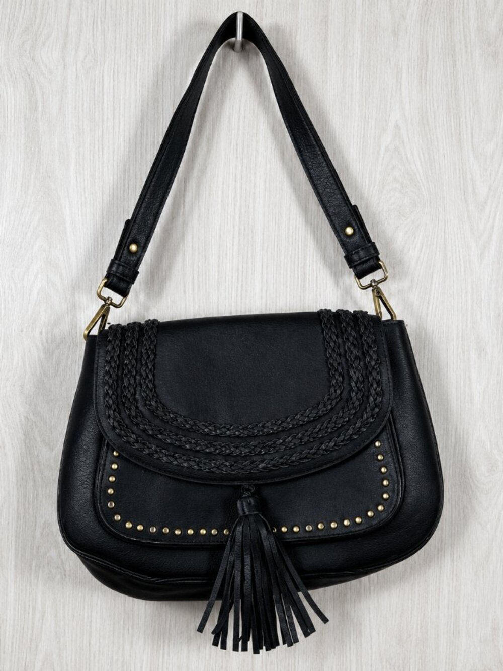 Antik Kraft Lyla Saddle Bag Black Studded‎ Vegan Leather Boho Shoulder Purse